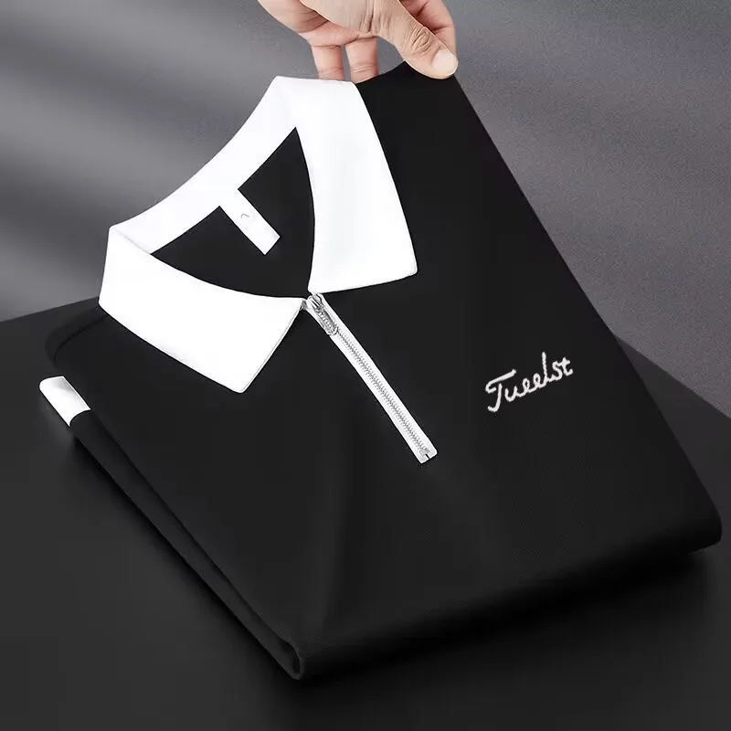 2023 New Summer Golf Embroidery Short Sleeve Men's Polo Shirt Slim Stitching Zipper Lapel Men's T-shirt