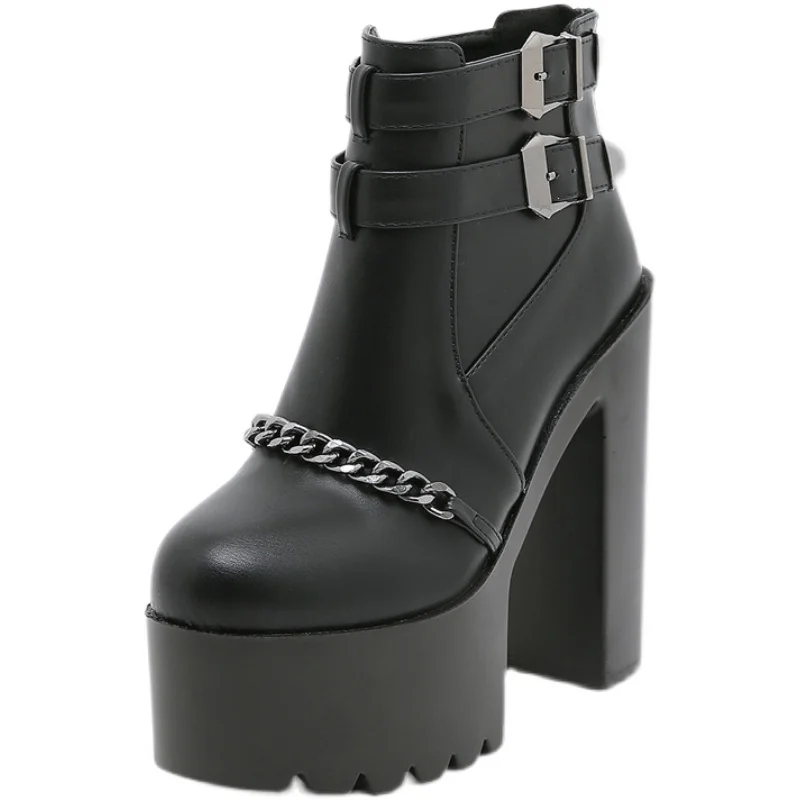 Женские ботинки на платформе и высоком каблуке черные кожаные короткие шнуровке