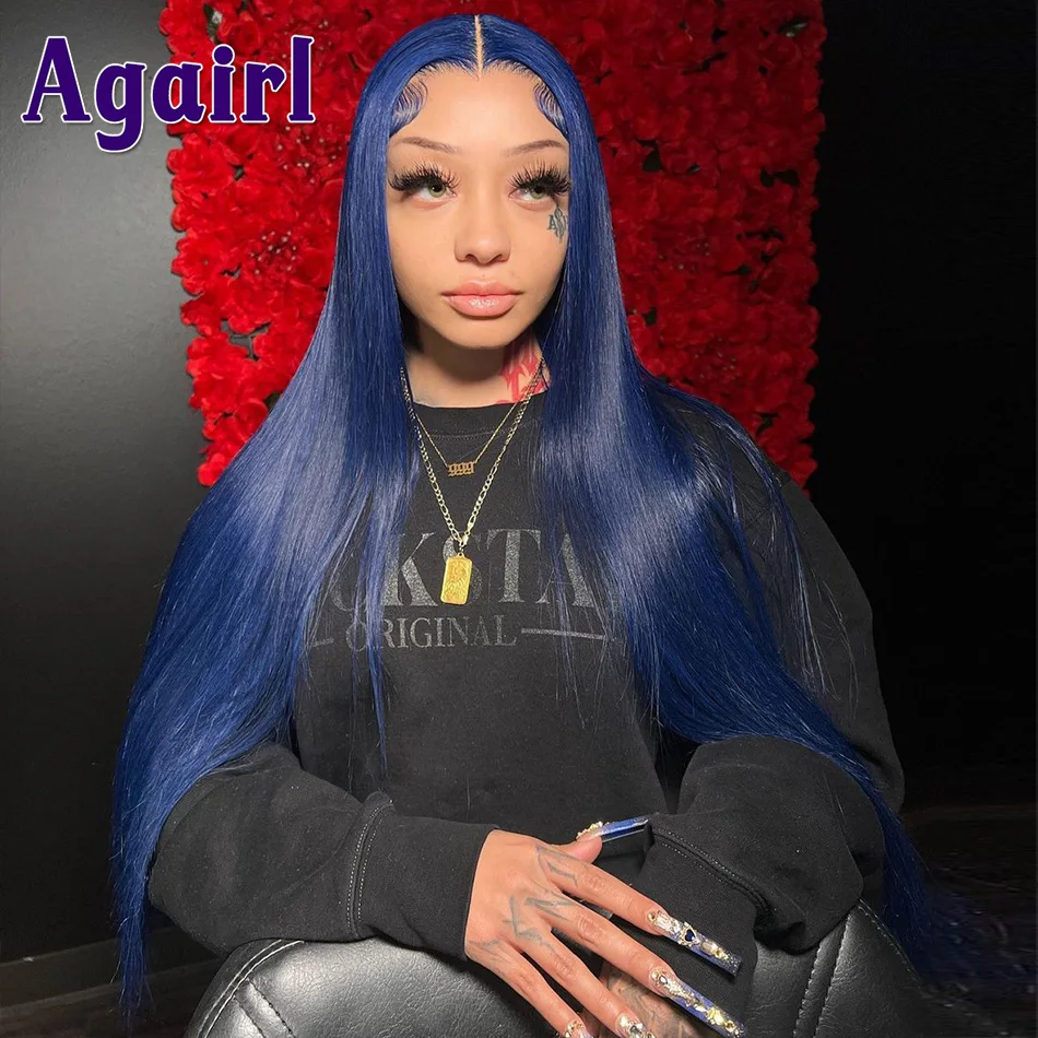 Dark Blue 13X6 Lace Frontal Wig Pre-Plucked Colored Bone Straight 5x5 Lace Closure Wigs Brazilian Remy 100% Human Hair Wigs