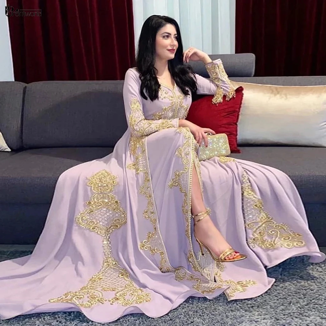 

Lavender Lilac Muslim Evening Dresses Beaded Lace Dubai Caftan Long Sleeve Prom Vestidos Formales Robe De Soirée De Mariage