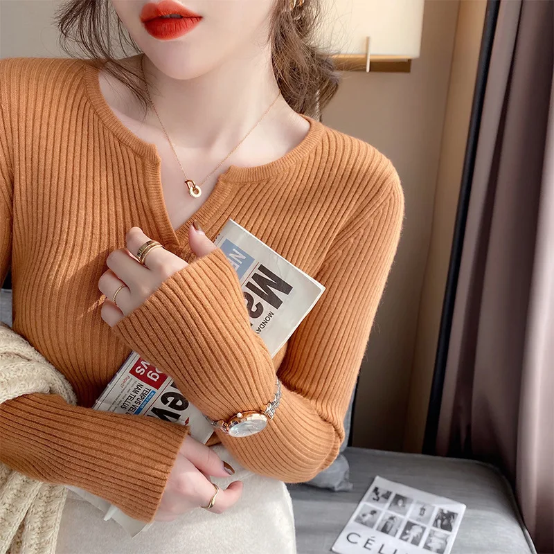 

Women Pullovers Autumn and Winter 2022 New Knitwear Slim Fit Long Sleeve Tops Sweet V-Neck Sweater Solid Clothes Blusas 24423
