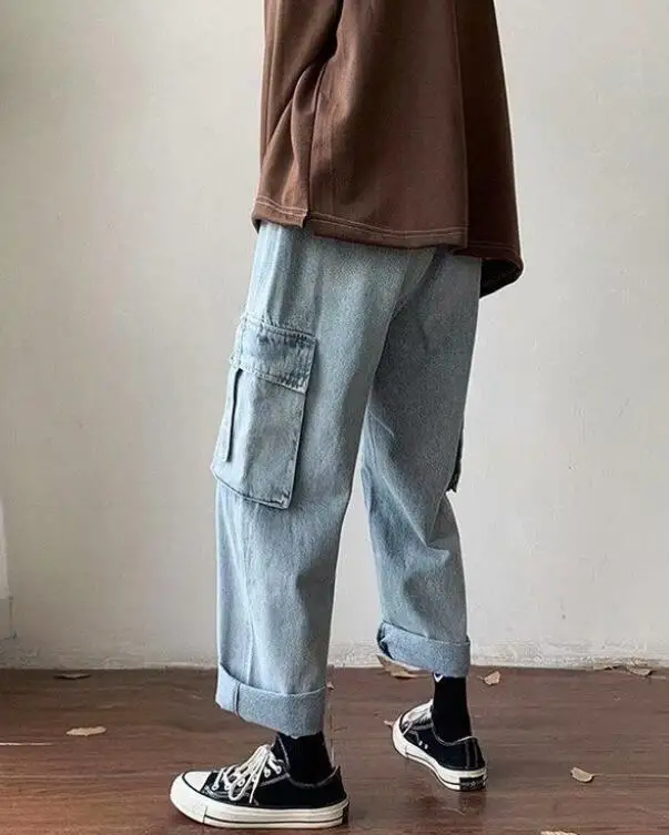 Retro Washed Workwear Jeans Men Trend Loose Wide Leg Nine Points Pants Baggy Jeans