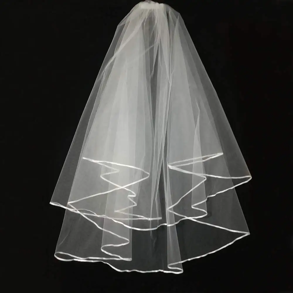 

Real Photo White Ivory Two Layers Bridal Veils Ribbon Edge Cheap Bride Accessories 75cm Short Women Veil With Comb