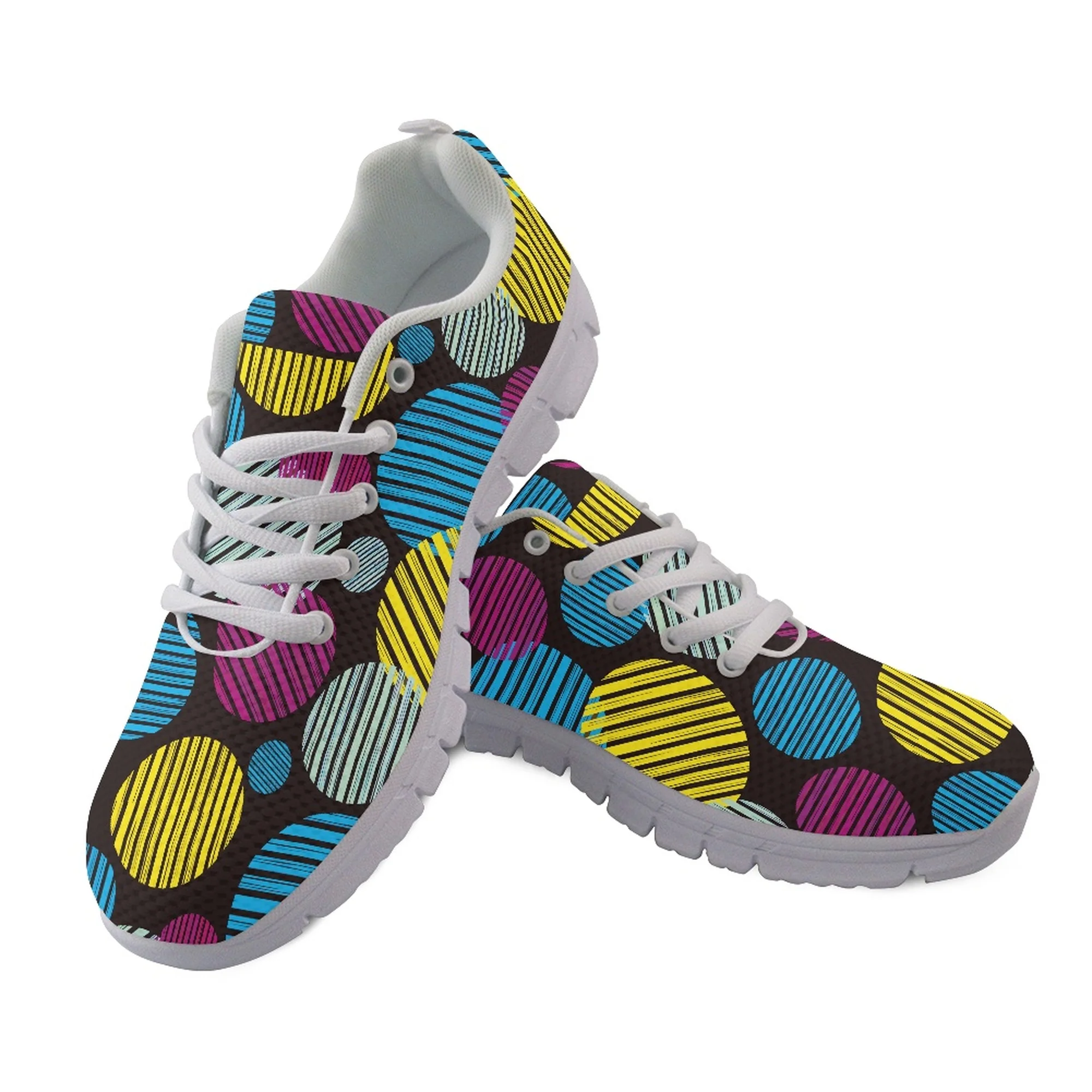 

Yikeluo Women Flats Shoes Brand Design Color Circular Pattern Spring Autumn Girls Lace Up Mesh Sneakers Ladies Footwear Mujer