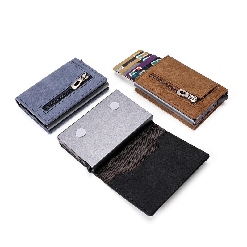 New Arrival Men RFID Wallet Antitheft Aluminum Box Card Holder PU Leather Pop Up Card Case Black Brown Blue Magnet Coin Purse