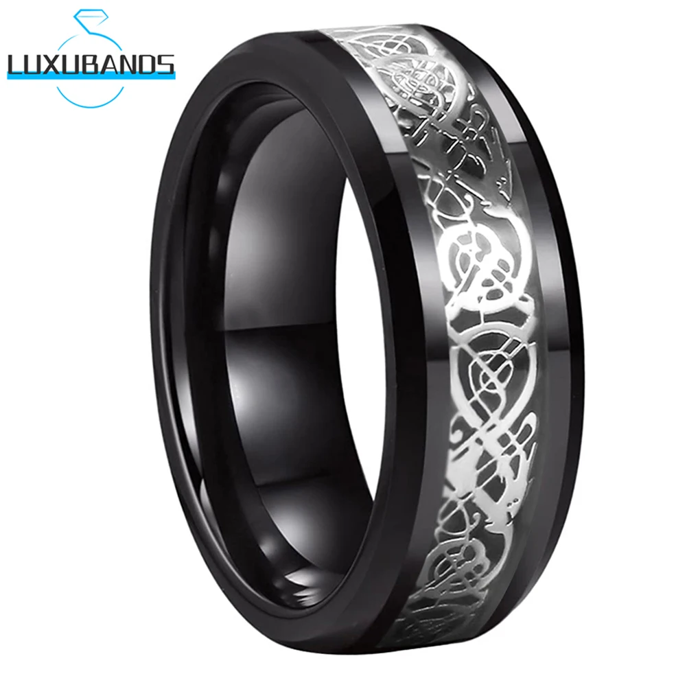 

Tungsten Carbide Rings 8mm 6mm For Women Men Beveled Edges Dragon Black Carbon-Fiber Inlay Polished Finish Fashion Comfort Fit