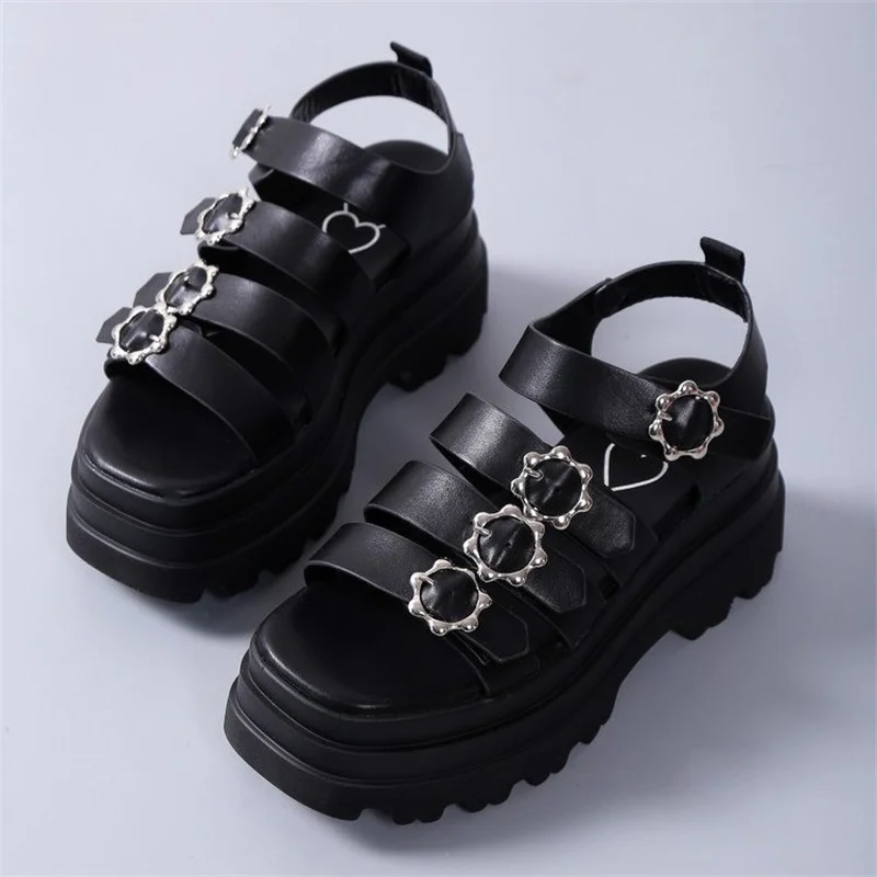 2023 Women's Platform Sandals Summer New Metal Decoration Chunky Black Women Sandals Ladies Casual Roman Sandalias Women Shoes