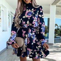 floral dress vintage long sleeves short dresses women pastoral style print elegant dress with collar cotton loose clothes beach