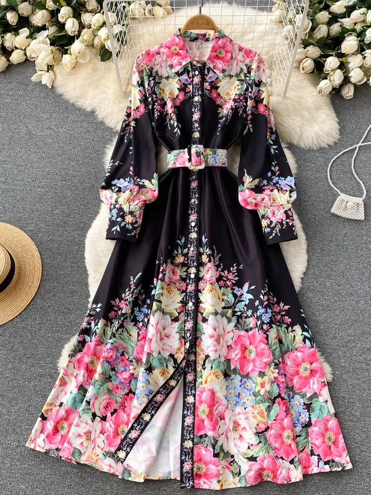 

Shirt Dress AELEWELL Women Autumn Turn Down Neck Long Lantern Sleeve Vintage Floral Printed Holiday Party Vestidos Femme