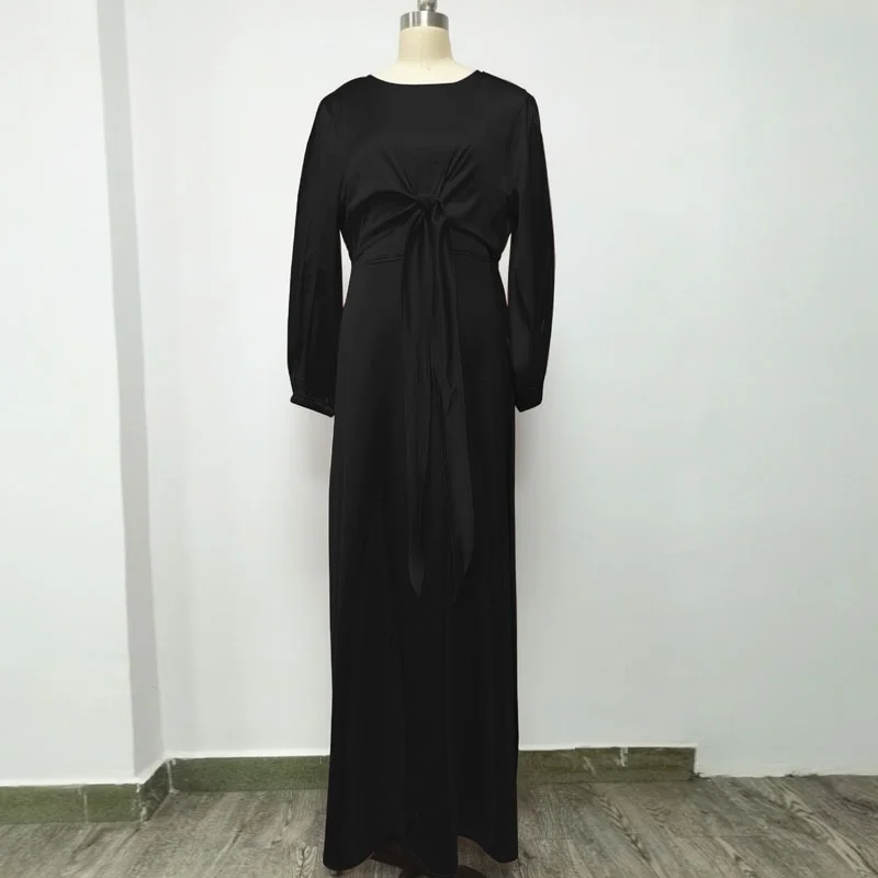 Eid Satin Long Dress Dubai Abaya Women Muslim Wrap Front Elegant Long Sleeve Hijab Dresses Party Robe Islamic Turkey Clothes