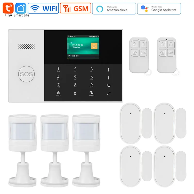 GSM Home Security Alarm System 2.4 Inch Color Screen WiFi Smart Tuya App Low Battery Reminder PG105 Alarm System Wireless Sensor