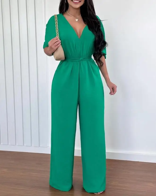 

Women's Jumpsuit 2023 Spring Fashion Batwing Sleeve Backless Tied Detail Casual V-Neck Short Sleeve Daily Long Wide Leg Jumpsuit
