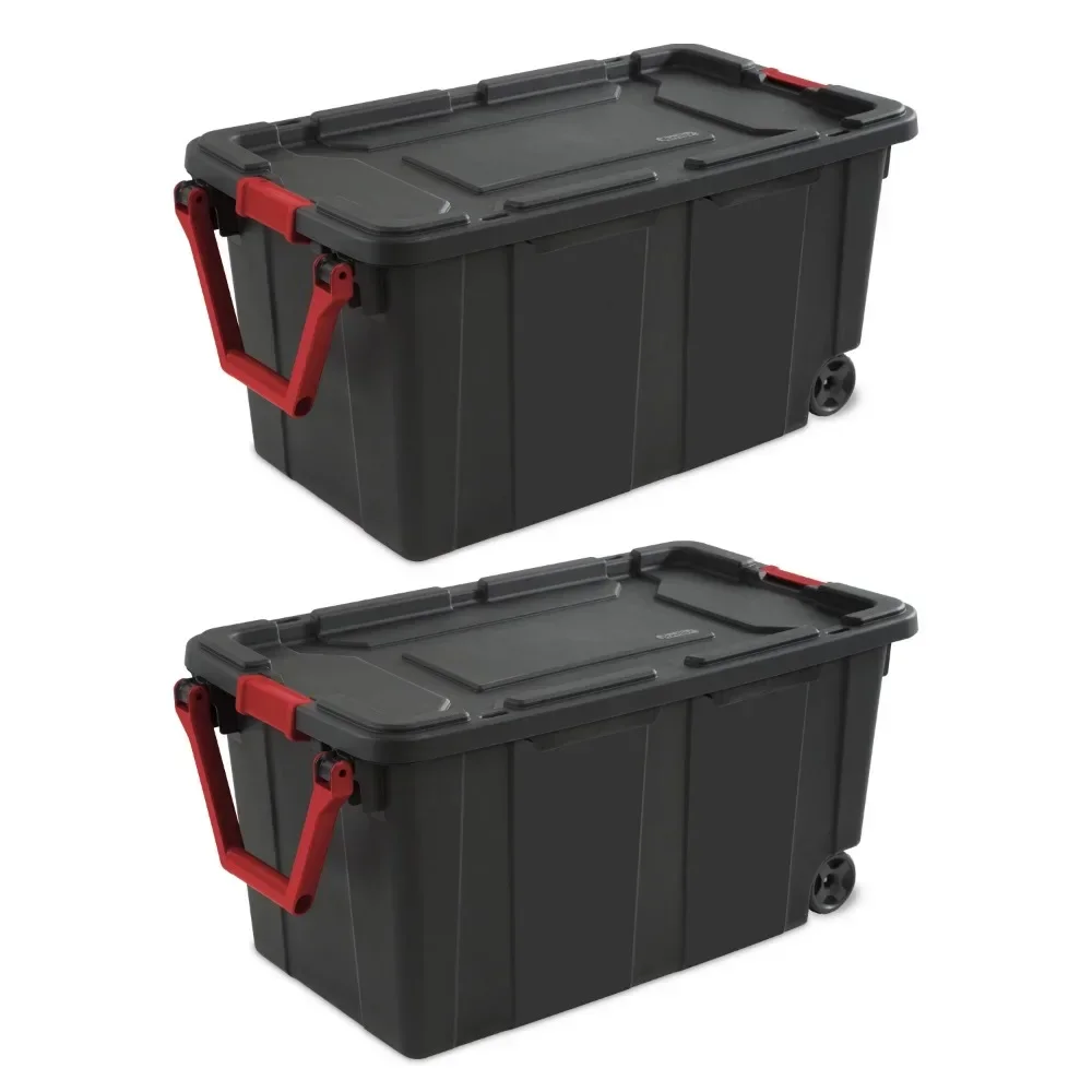

Sterilite 40 Gallon Wheeled Industrial Tote Plastic, Set of 2 Storage Box, Storage Organization, Black/Clear Base/Purple Latches
