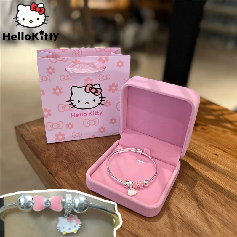 2pcs Kawaii Sanrio Hello Kitty Cartoon Cute Silver Bracelet  Accessories Anime Kuromi Melody Pendant Girls Jewelry Birthday Gift