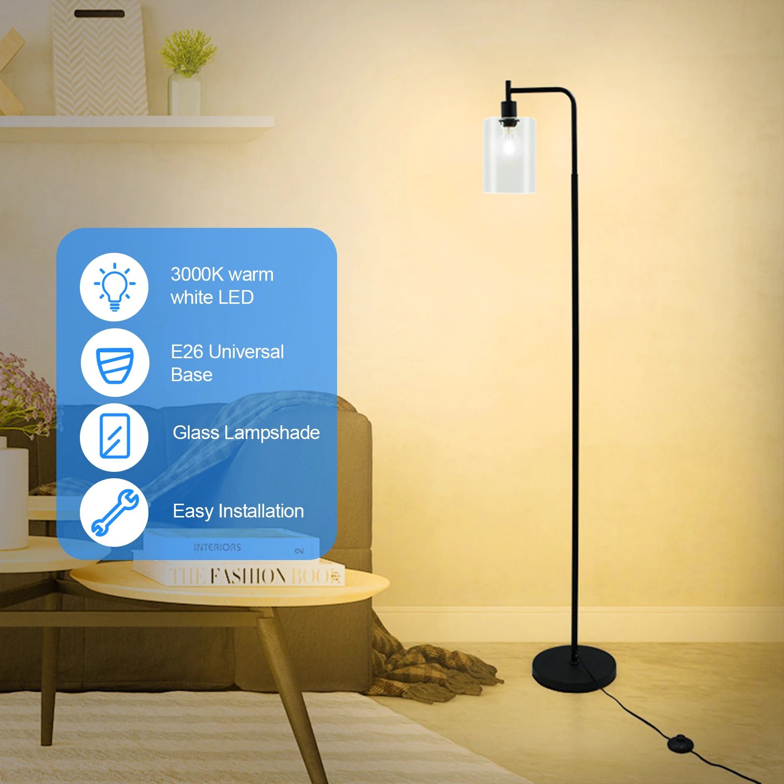 Напольная лампа с лампочкой E26 7W LED, современный высокий светильник со стеклянным абажуром для гостиной и офиса, выключатель на ножке, американская вилка.