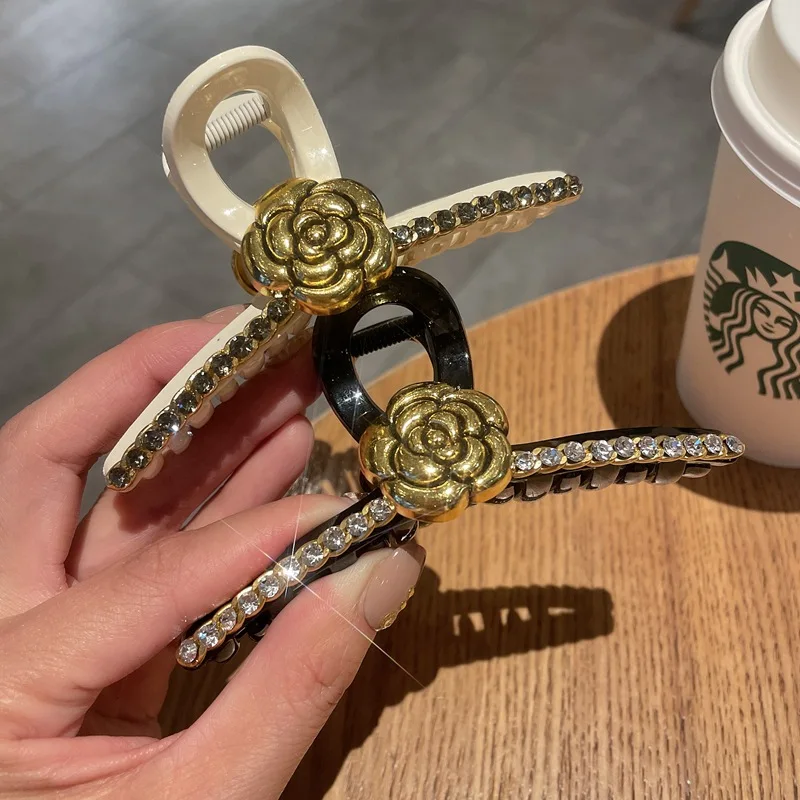 

Заколка для волос в стиле ретро, ​​камелия, стразы, женская роскошная заколка для волос с кристаллами, большая заколка в виде акулы, женские модные аксессуары для волос