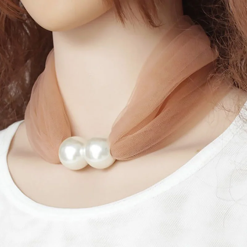 

1PC Neck Scarf Pearl Necklace Summer Women Chiffon Scarf Fashion Collar Accessories Scarves Neckerchief