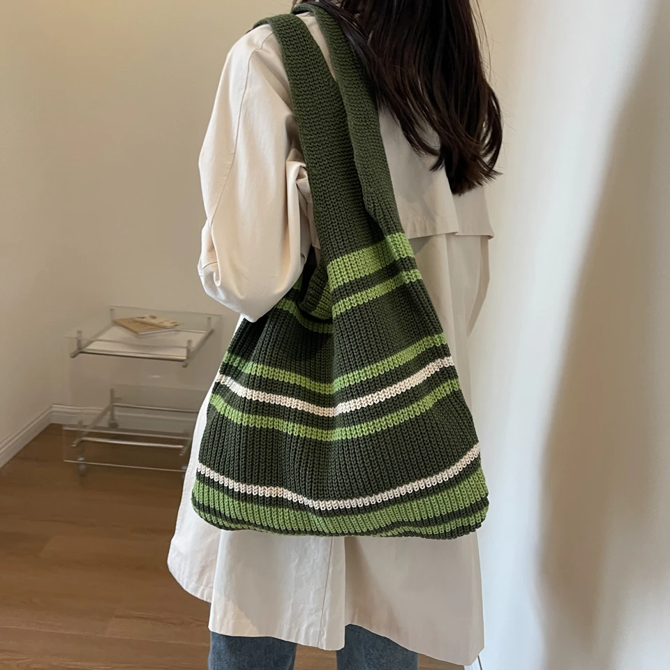 Striped Knitted Women's Bag Knit Eco Bag Korean Shopper Y2K Crochet Rope Shoulder Bag Female Knitting Handbag Student Hobos Book