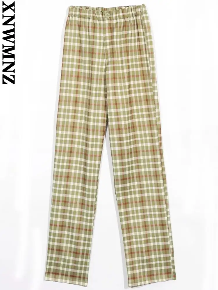 

XNWMNZ plaid pants Women 2022 fashion commute check casual straight pants vintage high elastic waist female trousers mujer