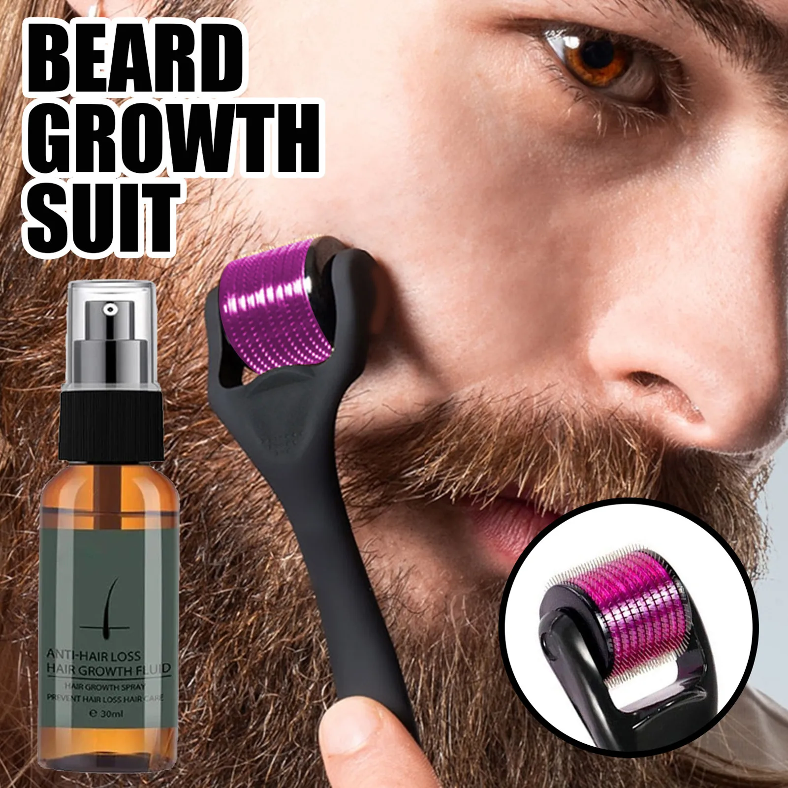 Three Scouts Natural Beard Growth Roller Kit Men's Beard Growth Oil Nourishing Enhancer Beard Oil Spray Anti Hair Loss With Bear