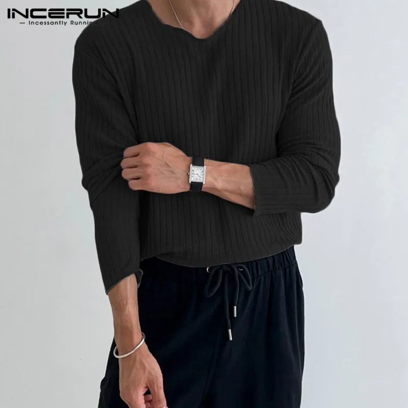 

Casual Simple Style Tops INCERUN Men's Pit Stripe T-Shirts Fashion Male Texture Knitted Small V-neck Long Sleeve Camiseta S-5XL