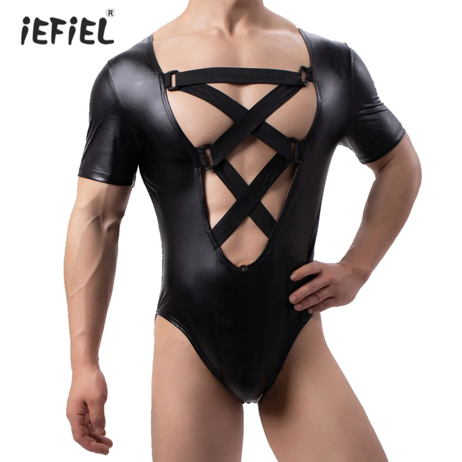 

Нижнее белье, боди, мужское трико с вырезами, перекрестными лямками, блестящий костюм из искусственной кожи с коротким рукавом, костюм для в...