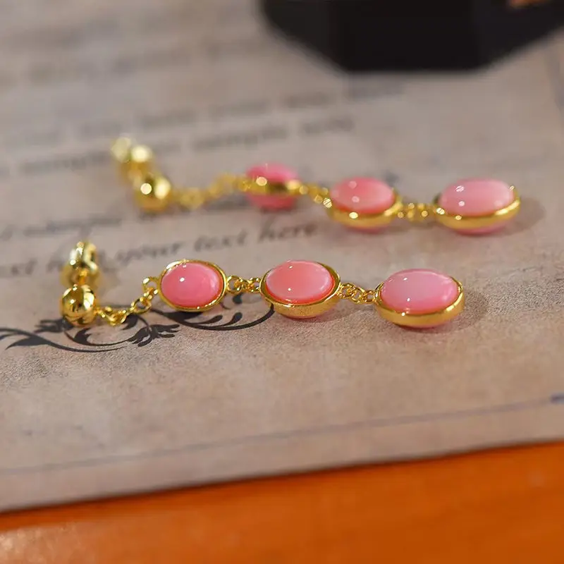 

New ancient gold craftsmanship inlaid oval pink ladies long earrings charm romantic engagement jewelry accessories