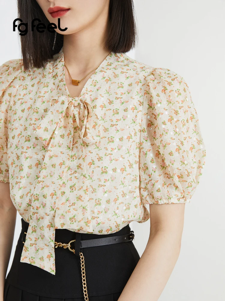 Pupu Sle Romantic Vitali Flower Lace-up Top Women 2024 New Slimming Versatile 9592S