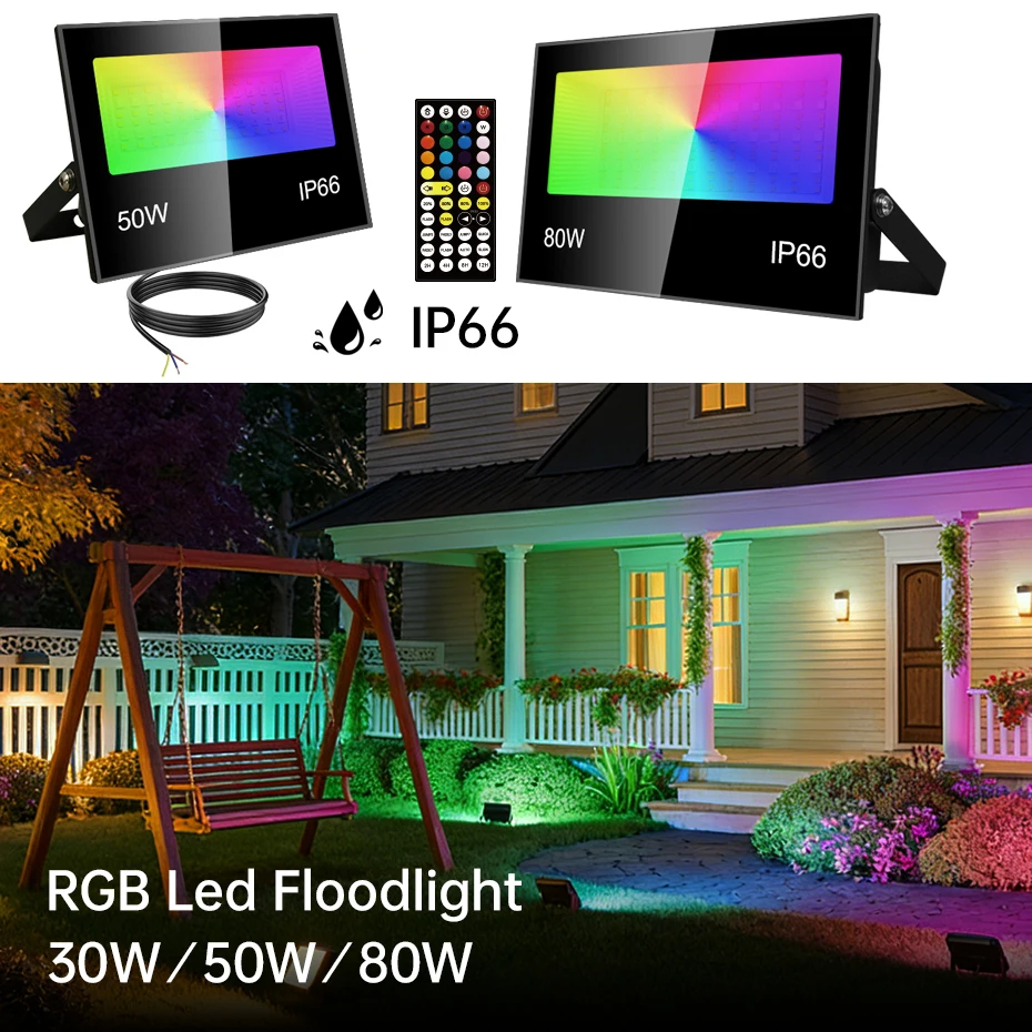 Фото 30Вт 50Вт 80Вт RGB LED прожектор AC85-265V IP66 водонепроницаемый уличный декоративный светильник RGB+WW с ИК-пультом дистанционного управления №1