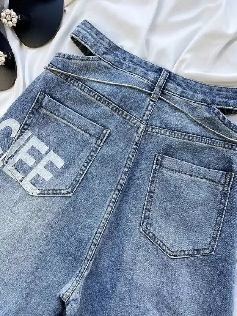 American Ripped Womens Jeans Autumn High Waist Loose Casual Sexy Letter Print Straight Leg Wide Leg Trousers for Women