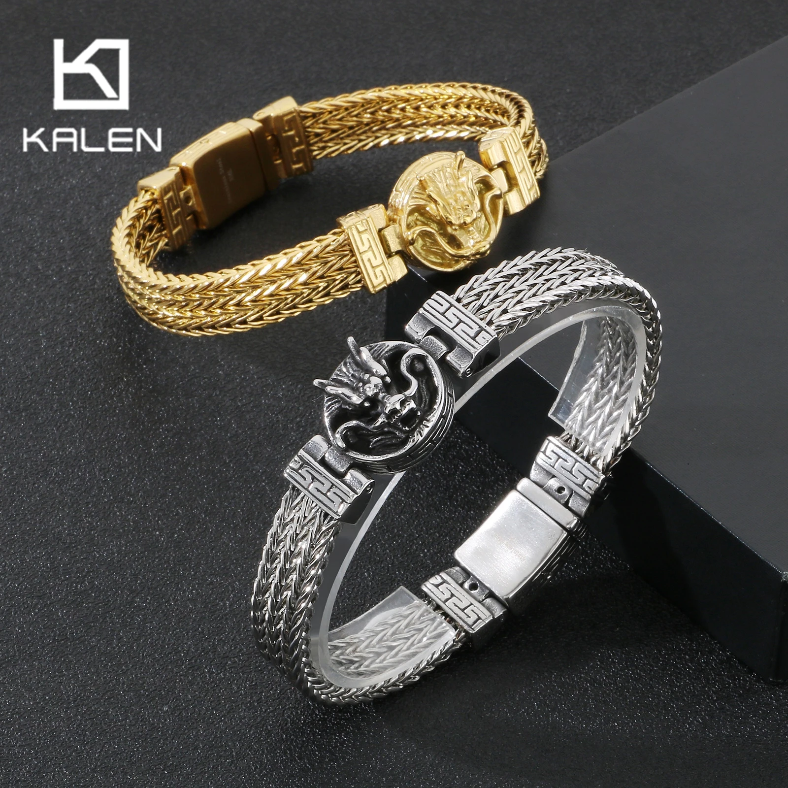 Винтажный браслет с драконом KALEN из нержавеющей стали для мужчин сетчатая