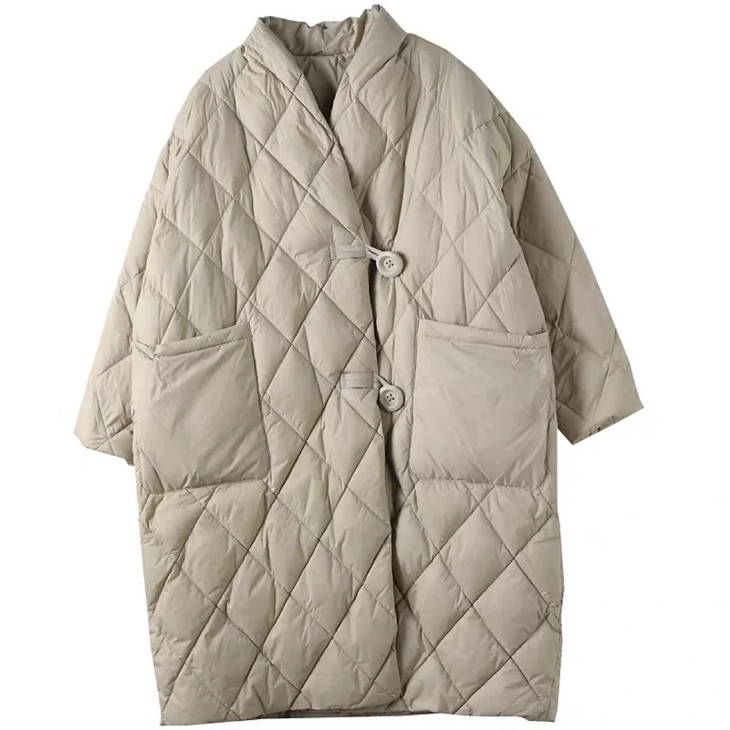 Women Loose Warm Down Jacket Stand Collar Solid Color Pressing Line Grid In Long Style White Duck Down Coat