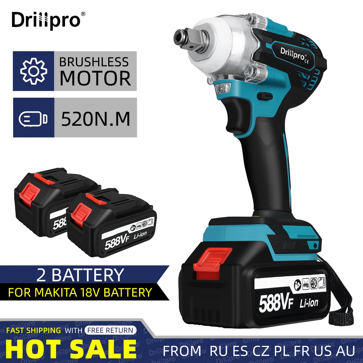 

4 Speed 520N.M 2 in 1 Brushless Electric Impact Wrench Screwdriver Rechargeable 1/2 inch Wrench Drillpro for Makita 18V Battery