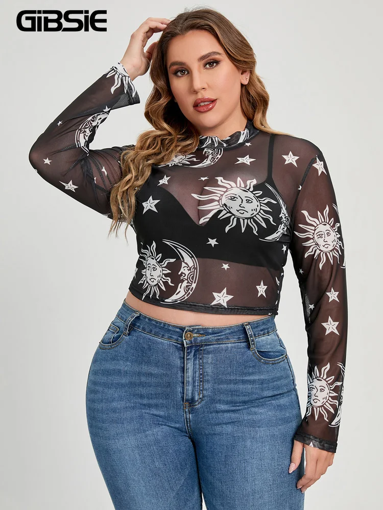 

Женский топ с длинным рукавом, круглым вырезом и принтом в виде Солнца и Луны