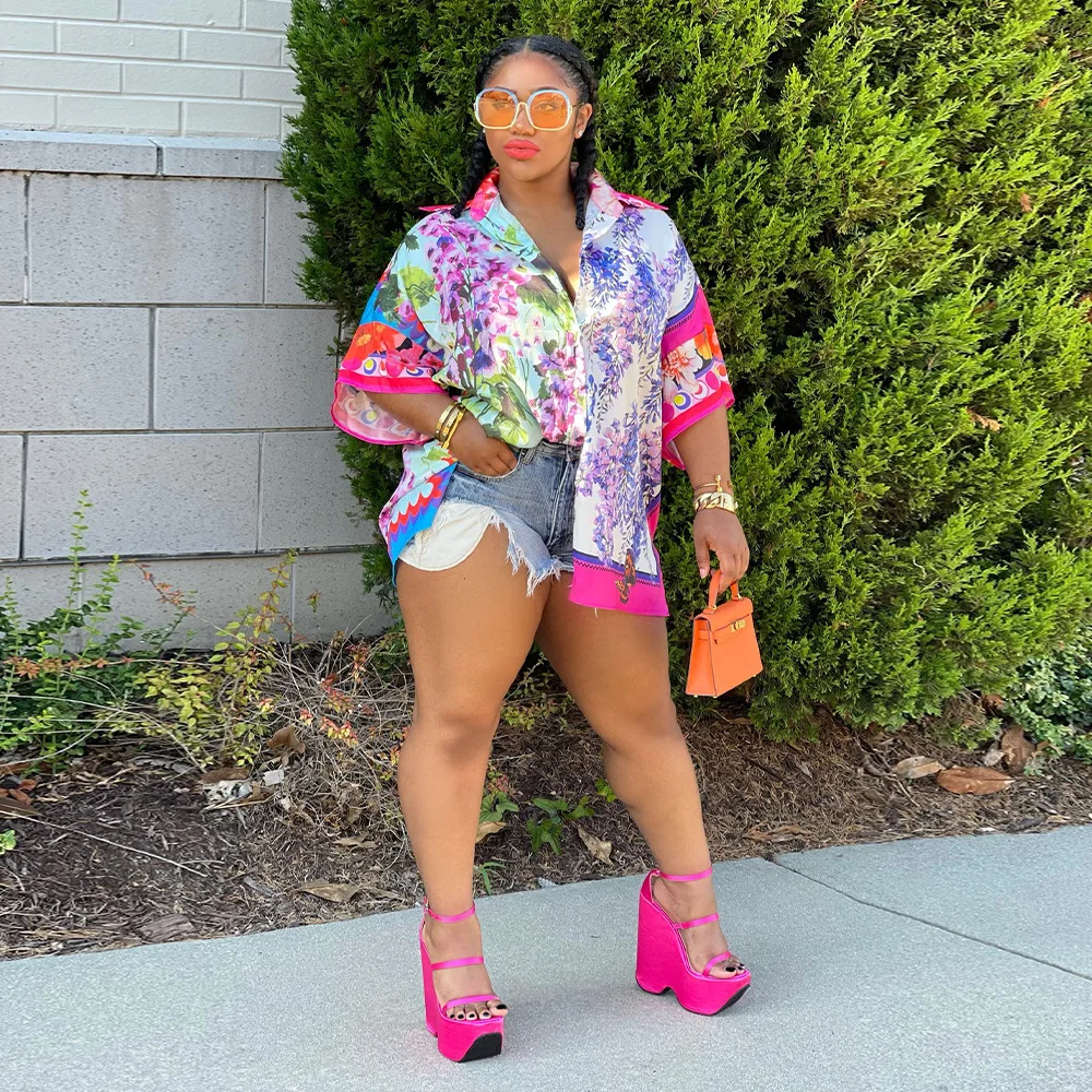 

Women Hipster Turn-down Collar Print Shirt Half Sleeve Summer Button Loose Casual Tees Lady Street Tops