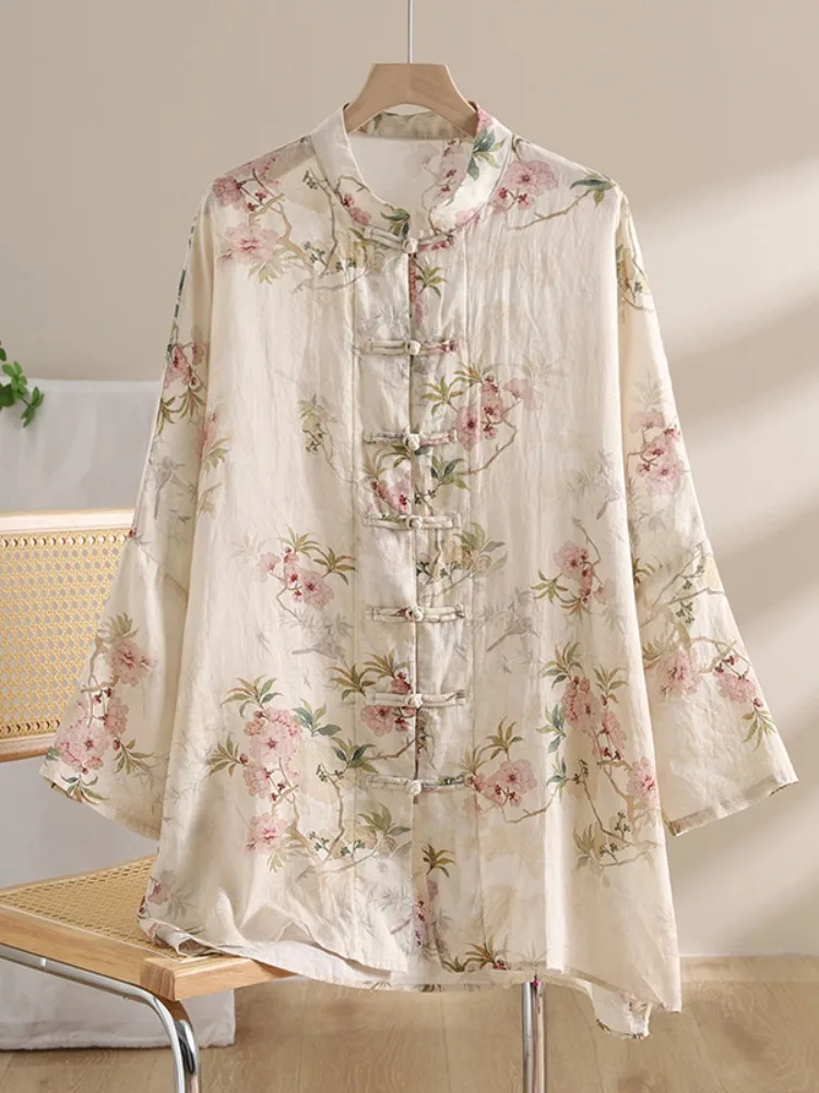 Рубашка женская средней длины из хлопка и льна с принтом