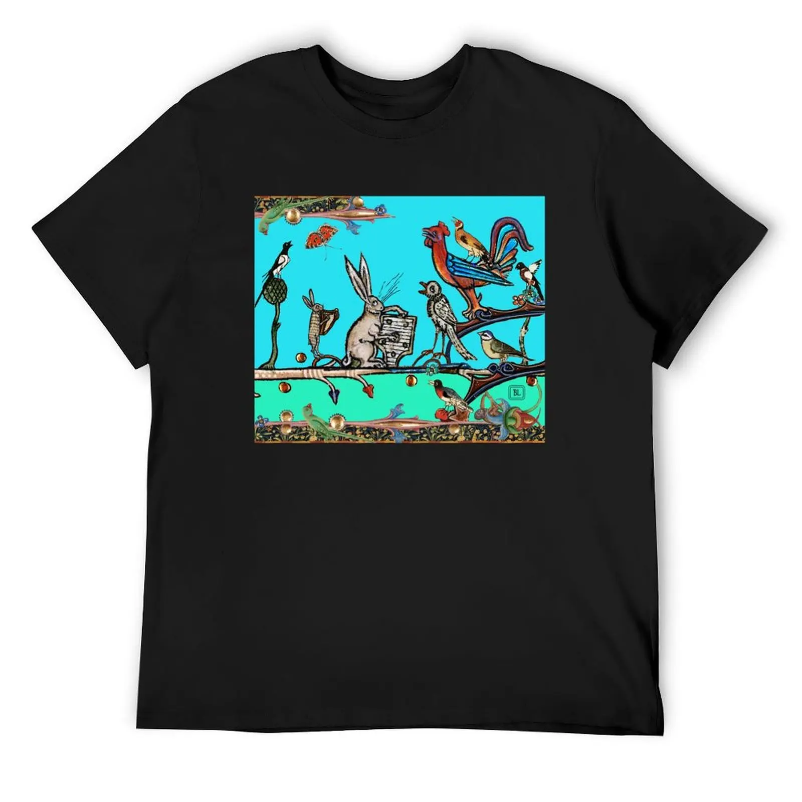 Футболка WEIRD MEDIEVAL BESTIARY MORNING MUSIC CONCERT OF RABBITS AND BIRDS IN TEAL BLUE by Bulgan Lumini черные мужские