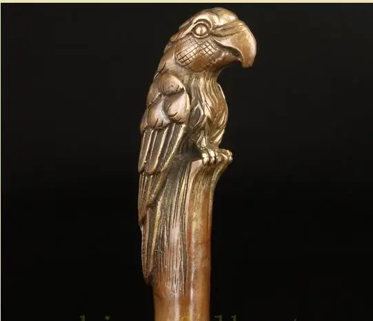 

bronze Pure Copper Brass Grandpa Good Lucky BRONZE PARROT CANE WALKING STICK HEAD DECORATION CARVING ASIAN COLLECT OLD HANDM