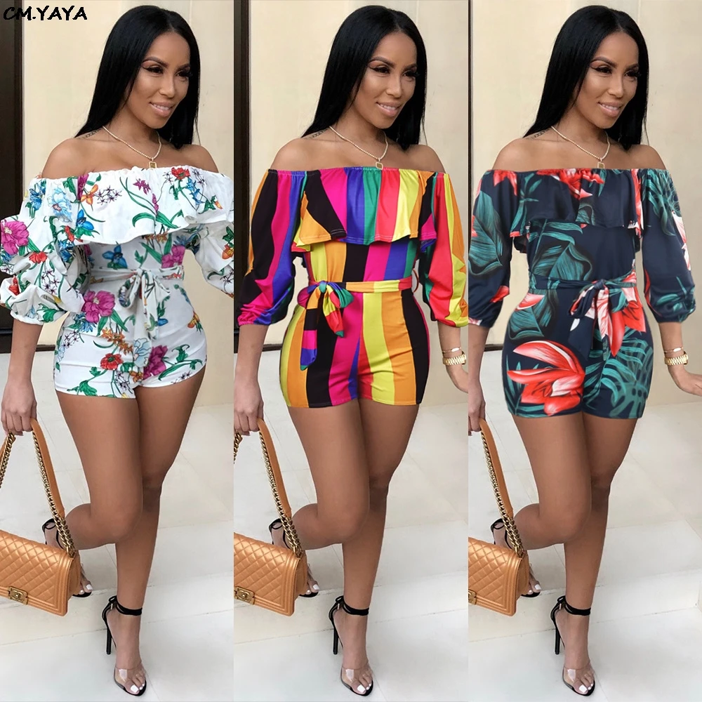 

2019 для женщин цветочный принт в полоску с открытыми плечами с рукавом-бабочкой, запястье рукав пляжное легкий костюм с шортами и соблазните...