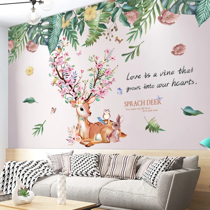 

Deer Animal Wall Stickers DIY Green Plants Leaves Wall Decals for Kids Rooms Baby Bedroom Kindergarten Nursery Home Decoration