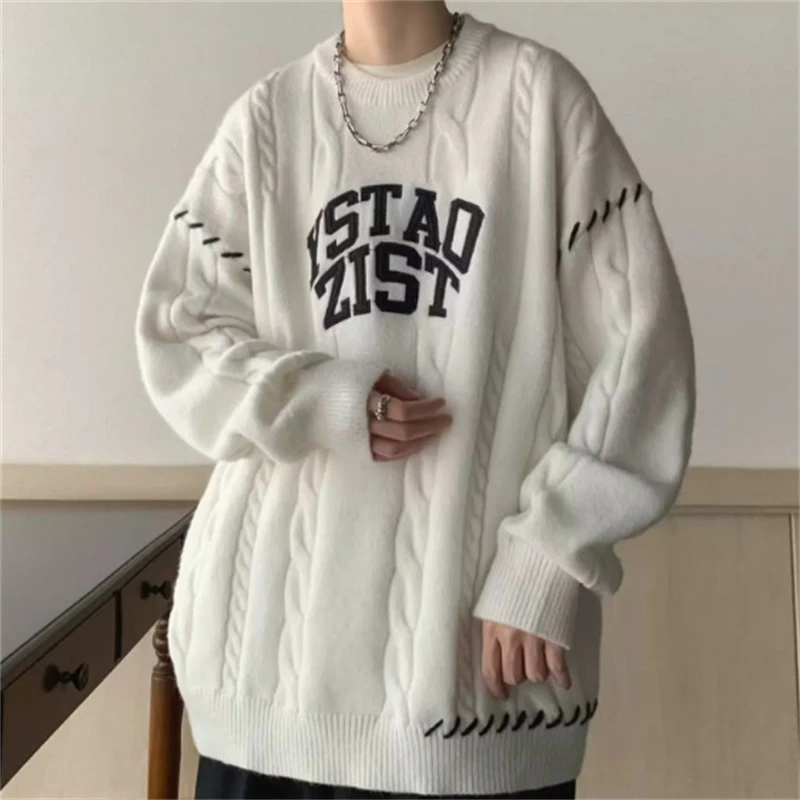 

Men Autumn Winter Sweaters Tide Thicken Print Knitted Sweaters Loose Pullover Tops