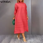 Повседневное платье VONDA, женское весеннее офисное платье миди с высоким воротником, 2022, женское Однотонное Платье С Боковым Разрезом и рукавом 34, женское платье с а-образной подкладкой
