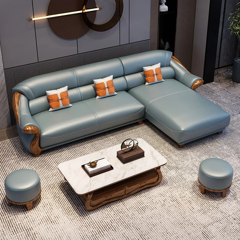 

CJ black gold wood sofa top layer cowhide thick leather Nordic size family new Chinese living room leather corner