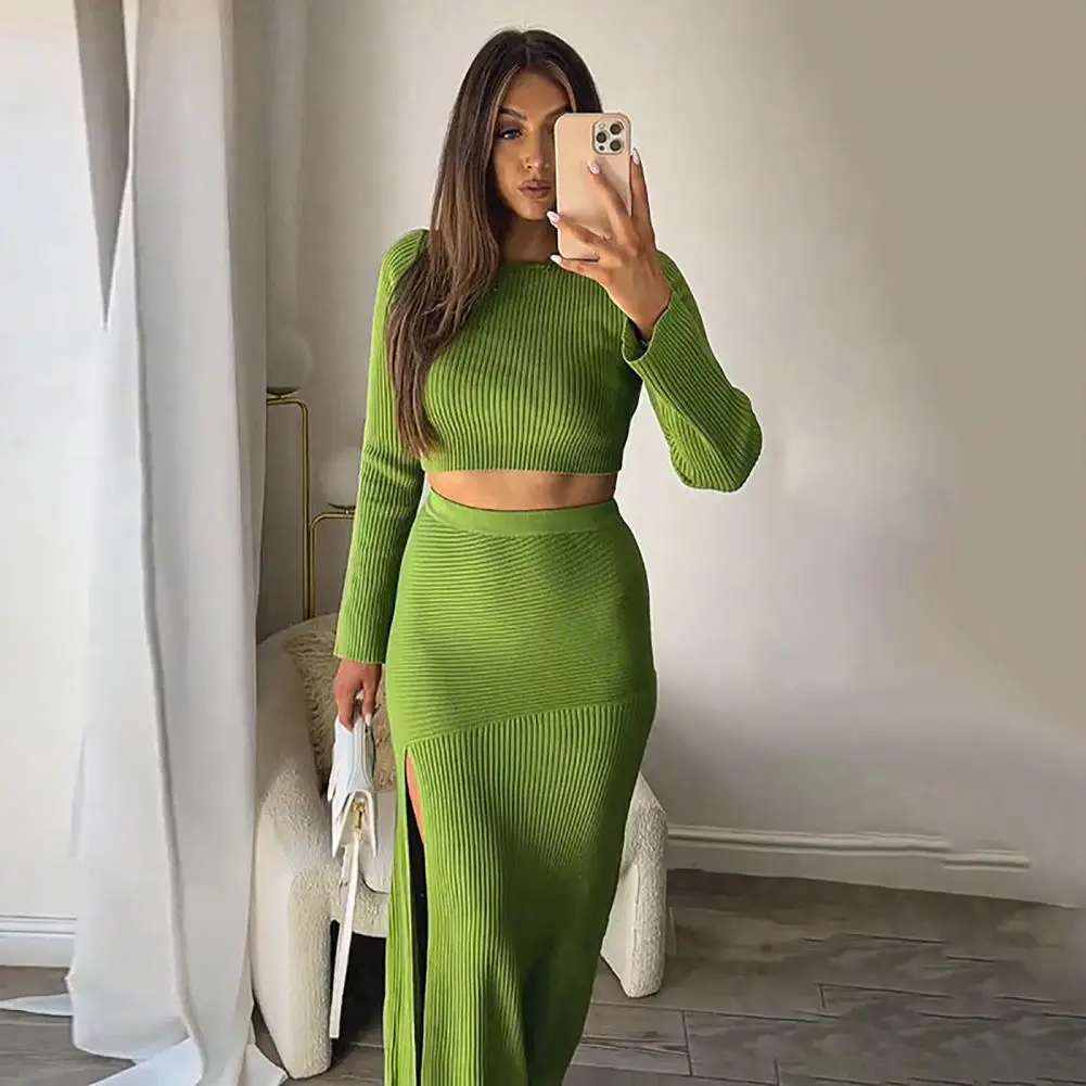 

2Pcs/Set Autumn Women T-shirt Skirt Solid Color O-Neck Long Sleeve Two Piece Set Sexy Slim Fit Blouse Split Skirt Set Streetwear