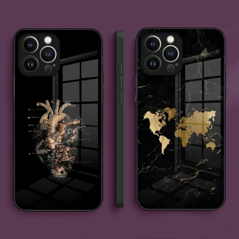 Чехол для телефона с картой мира для Iphone 14 Pro Max 13 12 11 Mini X Xr Xs 8 7 Puls 6 из закаленного стекла