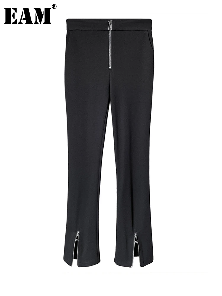 

[EAM] High Waist Black Brief Long Zipper Flare Trousers New Loose Fit Pants Women Fashion Tide Spring Autumn 2022 1DE6969