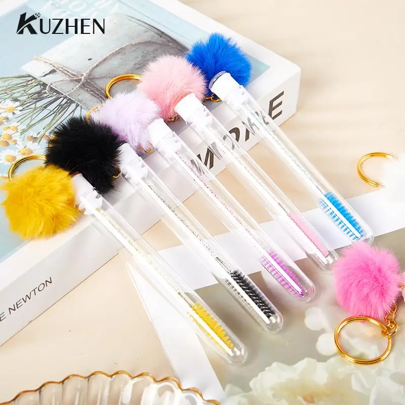 

1PC Tube Eyelash Brush With Hairball Keychain Mascara Wand For Lash Extension Clear Micro Comb Container Makeup Tool