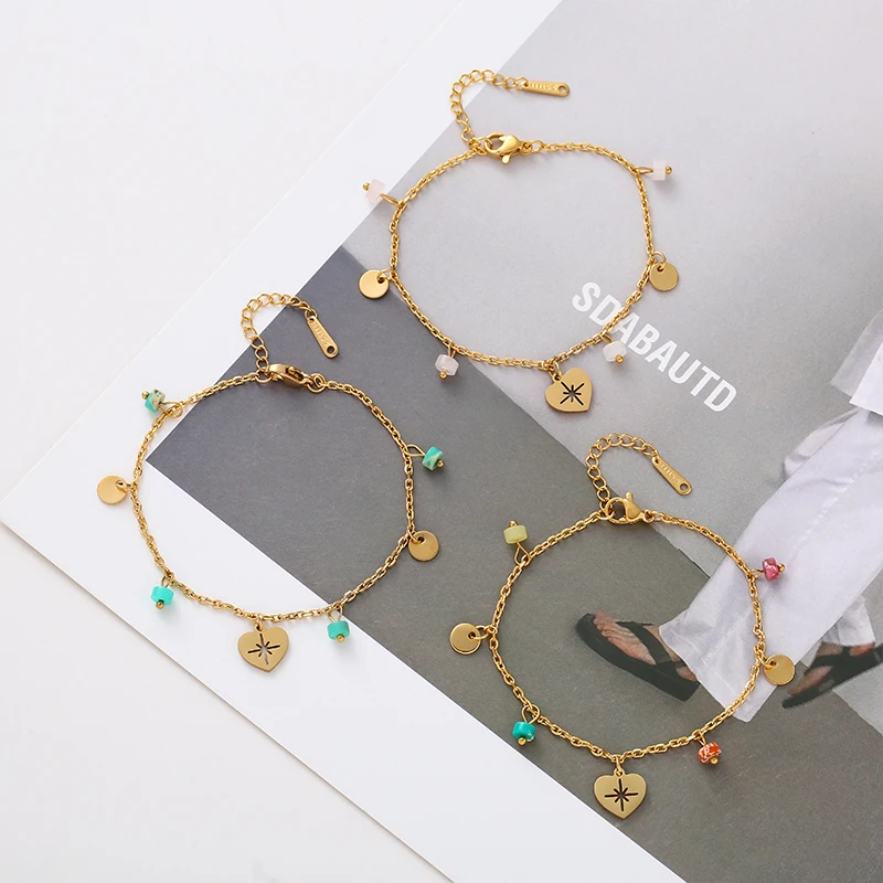 Bohemia Heart Love Pendant Bransoletki dla kobiet Łańcuch ze stali nierdzewnej Uroki z kamienia naturalnego Regulowane bransoletki Biżuteria