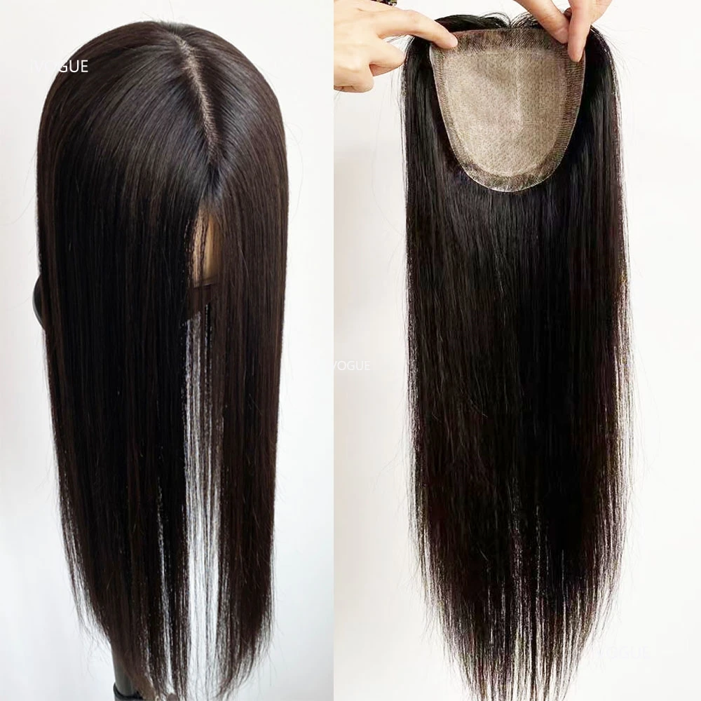 24inch Long Virgin Human Hair Topper 15X6CM Silicone Skin Fake Scalp Silk Base Women Toupee with 5 Clips or PU Around 110gram