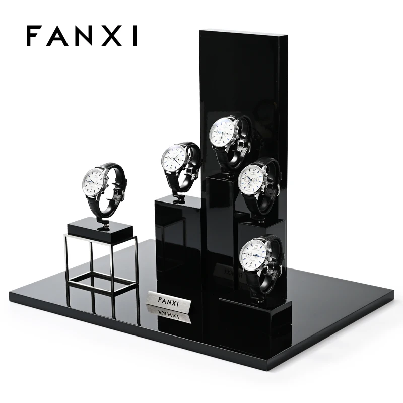 Oirlv Fashion Black Metal Watch Display Props Set Watch Display Stands with Microfiber Jewelry Organizer Stands for Shop Cabinet